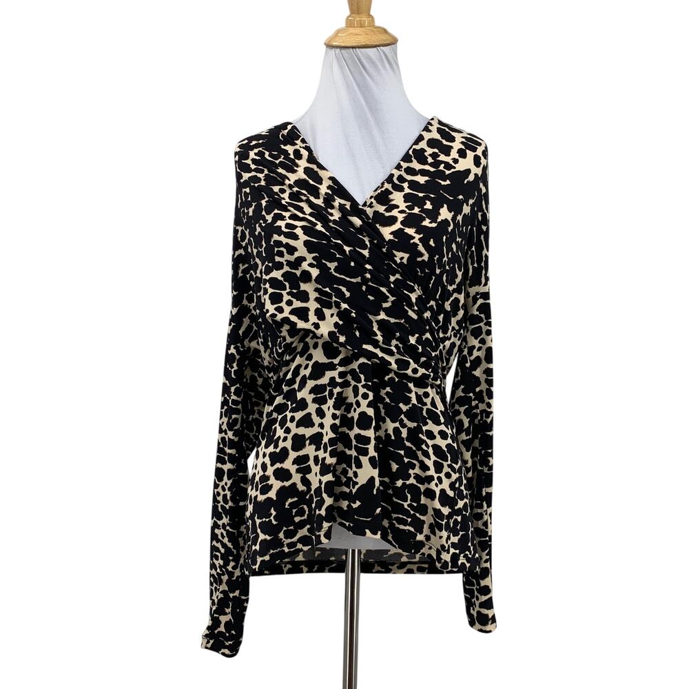 DKNY Top Women M Medium Multi Leopard Surplice Neck Ruched Long Sleeve Shirt